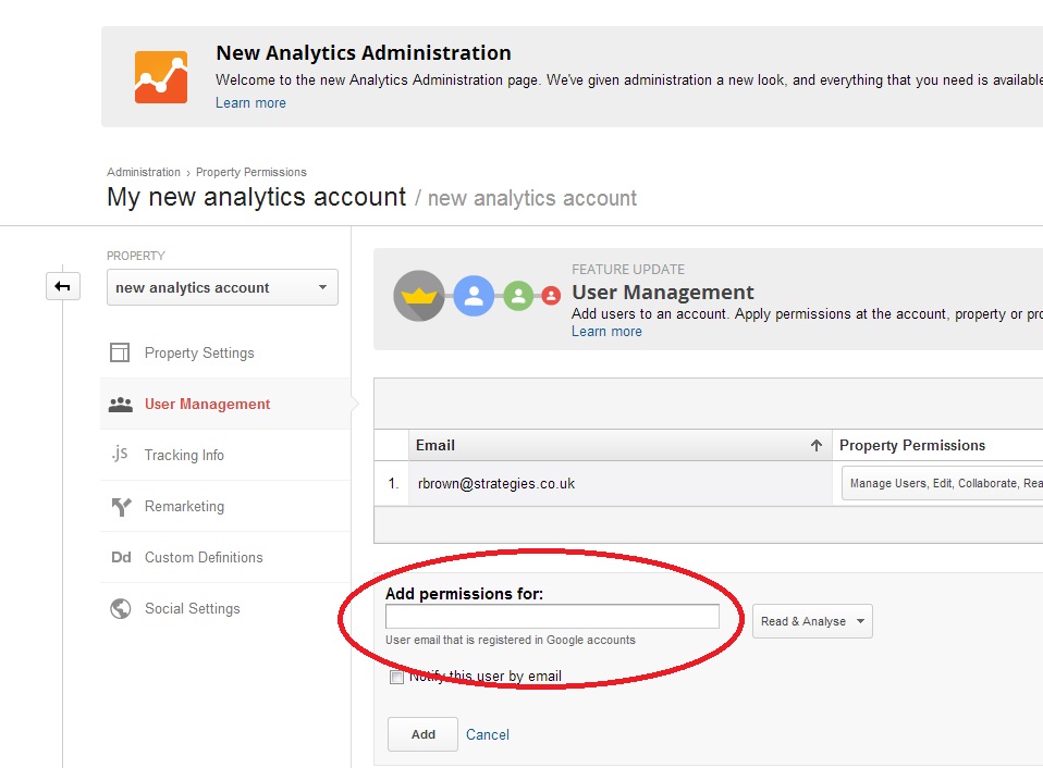 Adding another user to your Google Analytics account