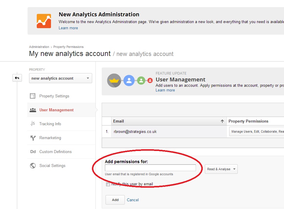 Adding another user to your Google Analytics account