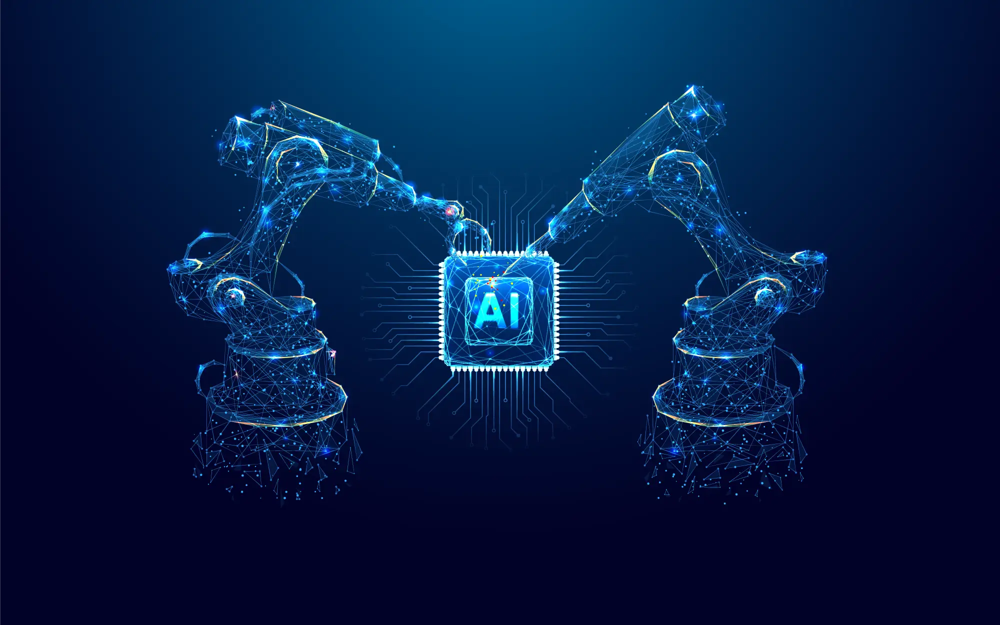 Futuristic illustration of robotic arms assembling an AI microchip, symbolising artificial intelligence, automation, and advanced manufacturing innovation.