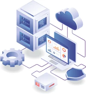 3D isometric illustration showing cloud computing and data servers connected to a laptop displaying analytics, alongside icons for settings, security, and networking.