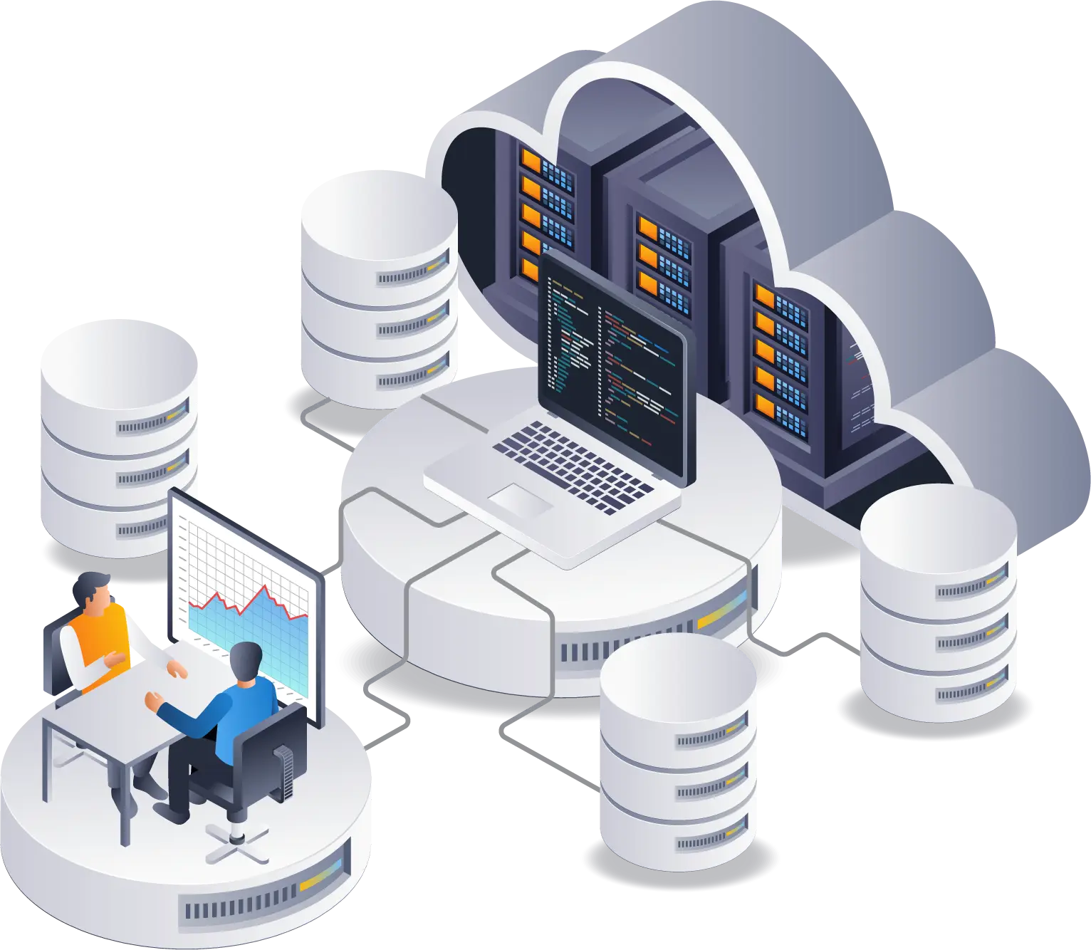 Illustration of cloud servers, databases, and a laptop with code, alongside business professionals analysing graphs, representing cloud computing, big data, and digital business solutions.