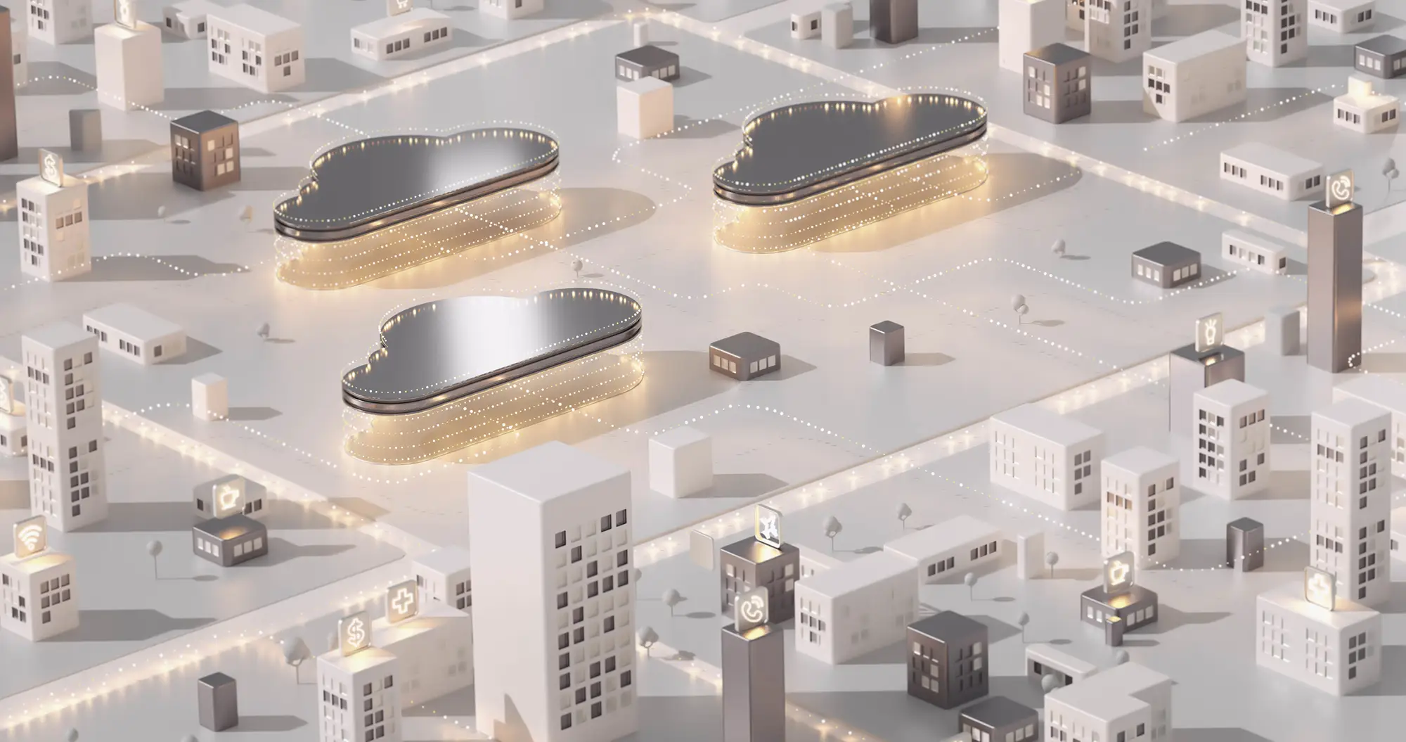 Sleek, modern city of the future with buildings systematically aligned on a grid