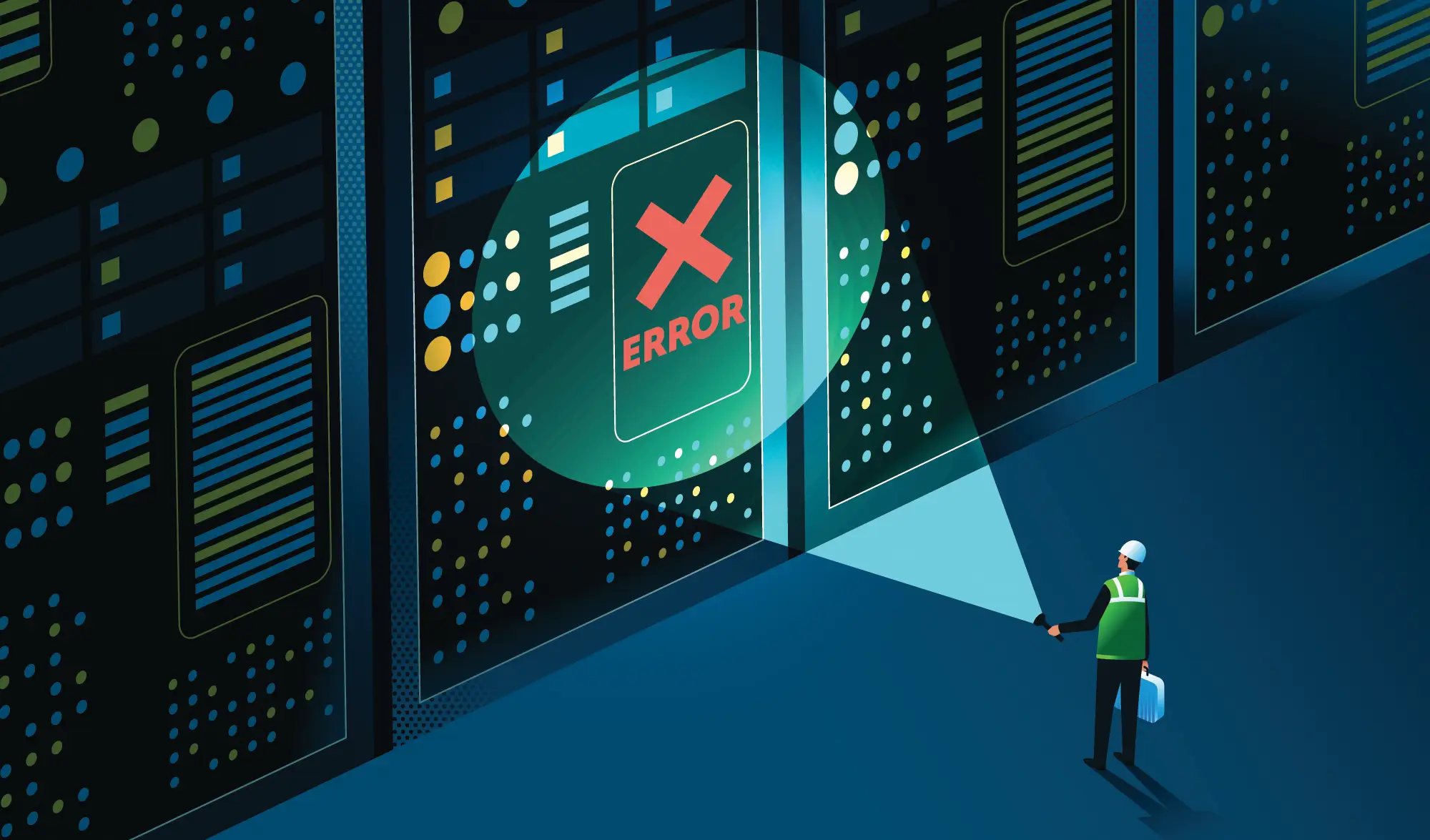 Engineer researching server error illustration