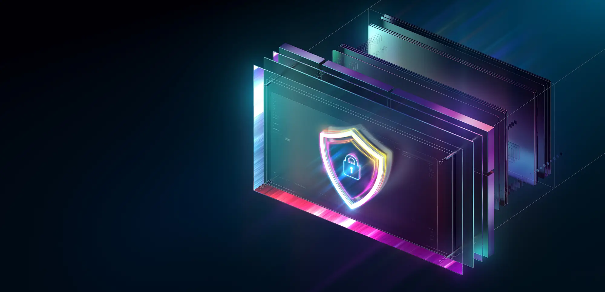 3D illustration of a glowing neon shield with a padlock icon over stacked digital windows, symbolising advanced cybersecurity, data protection, and secure digital systems.