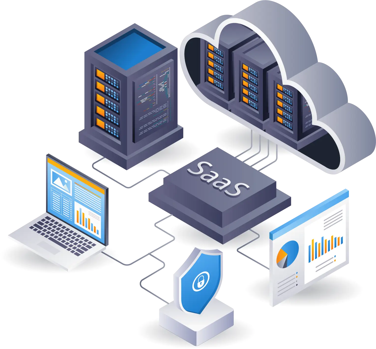 Illustration of SaaS platform with cloud servers, data storage, laptop, analytics dashboards, and security shield, representing software-as-a-service and secure cloud technology.