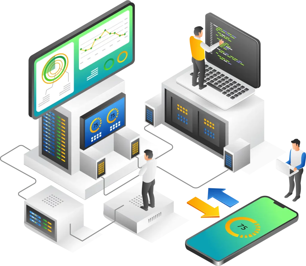 Illustration of developers working with servers, laptops, and mobile interfaces, showing mobile-first design, cloud computing, coding, and data analytics integration.