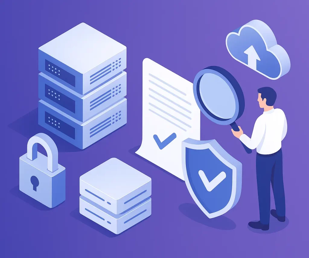Illustration showing a person examining security compliance documents with a magnifying glass, next to servers, a padlock, shield icon, and cloud upload symbol, representing cloud security and data protection.