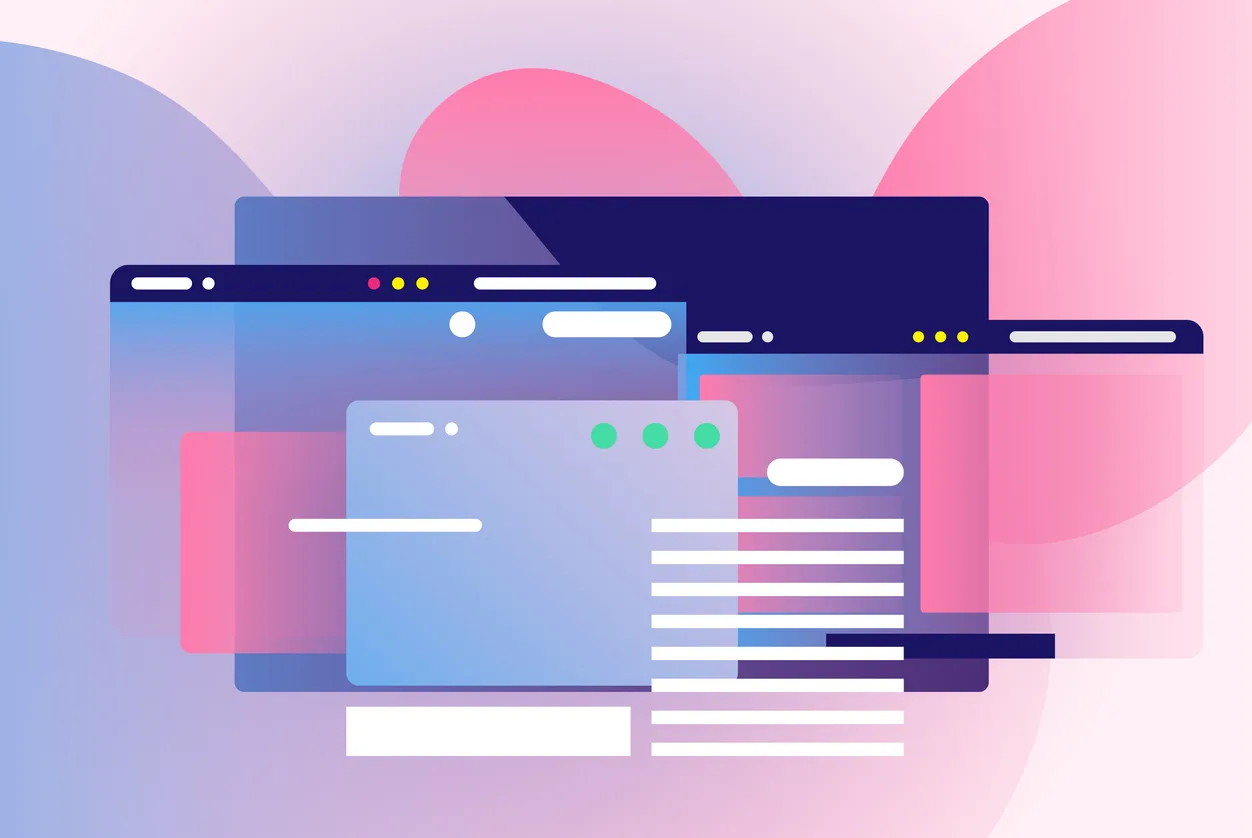 Abstract illustration of overlapping web browser windows and interface panels in soft gradient colours, representing modern website layouts and digital platforms.
