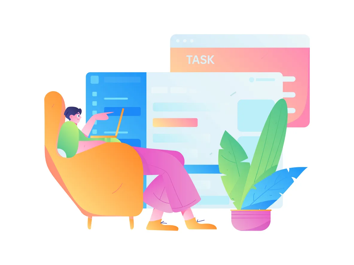 Illustration of a person seated in an armchair using a laptop, pointing at on-screen task panels, symbolising focused digital work and task management.