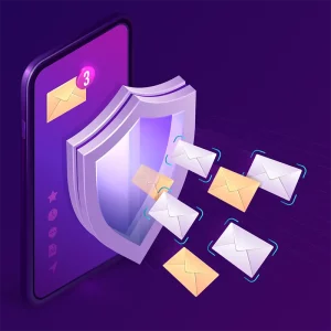 3D illustration of email security with shield and messages on a smartphone. Ideal for spam filtering, phishing protection, and secure communication.