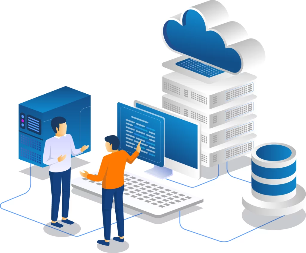 Illustration of cloud computing with servers, database, and developers. Ideal for hosting, IT infrastructure, DevOps, and data management content.