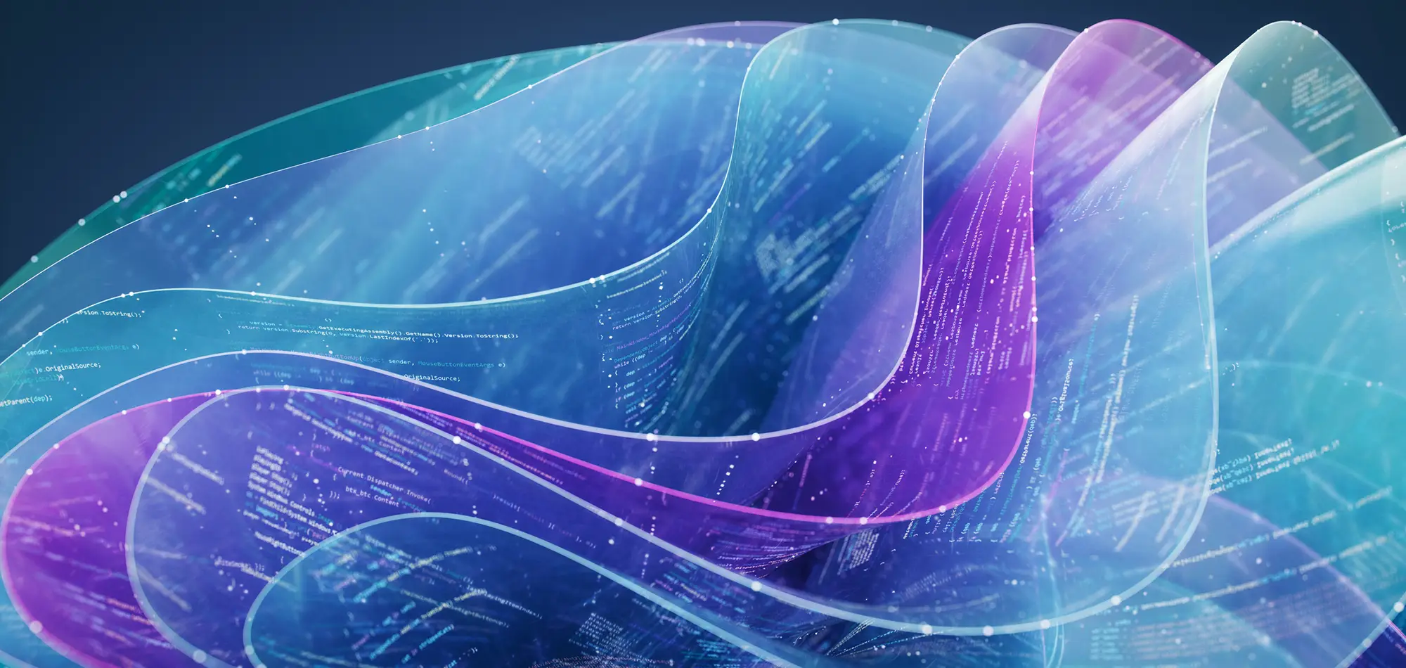 Flowing abstract data waves with code overlays. Ideal for AI, machine learning, big data, and digital transformation content.