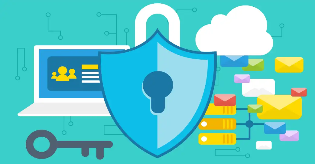 Illustration of data protection with shield, cloud, and secure messaging. Ideal for cybersecurity, privacy, and secure systems content.