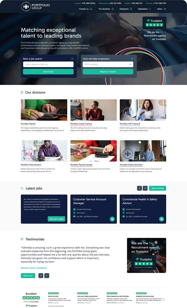 Recruitment website inner page designs in navy and teal with consultant profiles