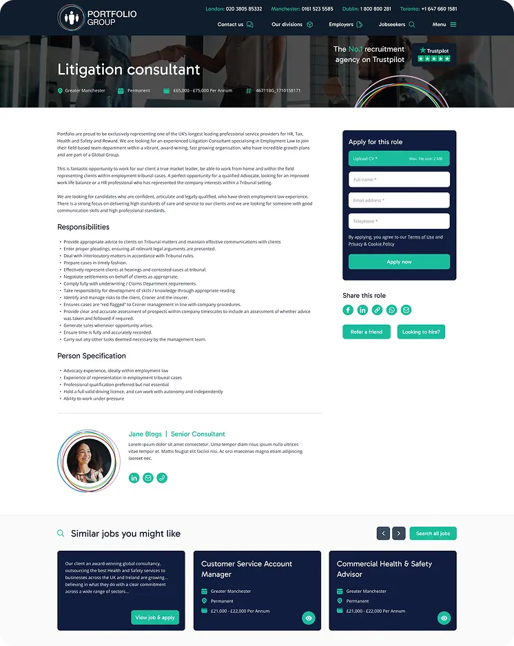 Recruitment website page design with dark navy contact forms and client testimonial section