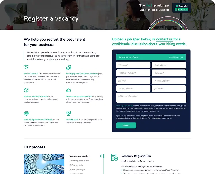 Register a vacancy form page design on a dark blue background