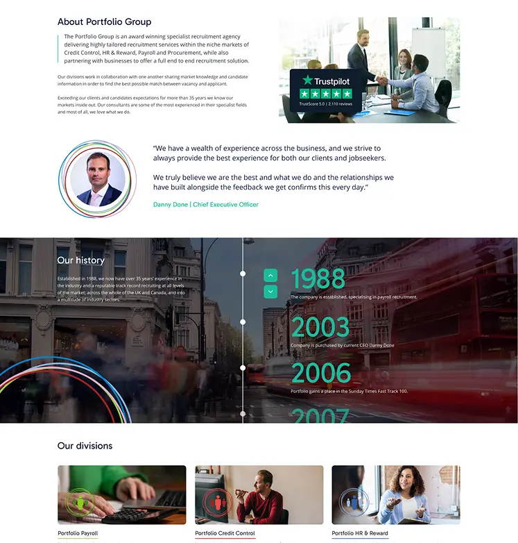 Careers website about page with company timeline and office photography