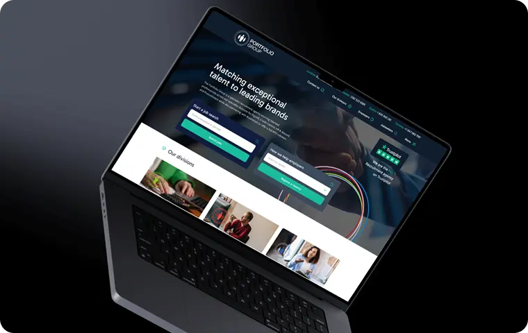 Recruitment website homepage displayed on a laptop with dark design and green accents