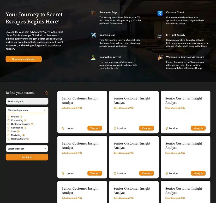 About Secret Escapes Group careers page with live job listing cards