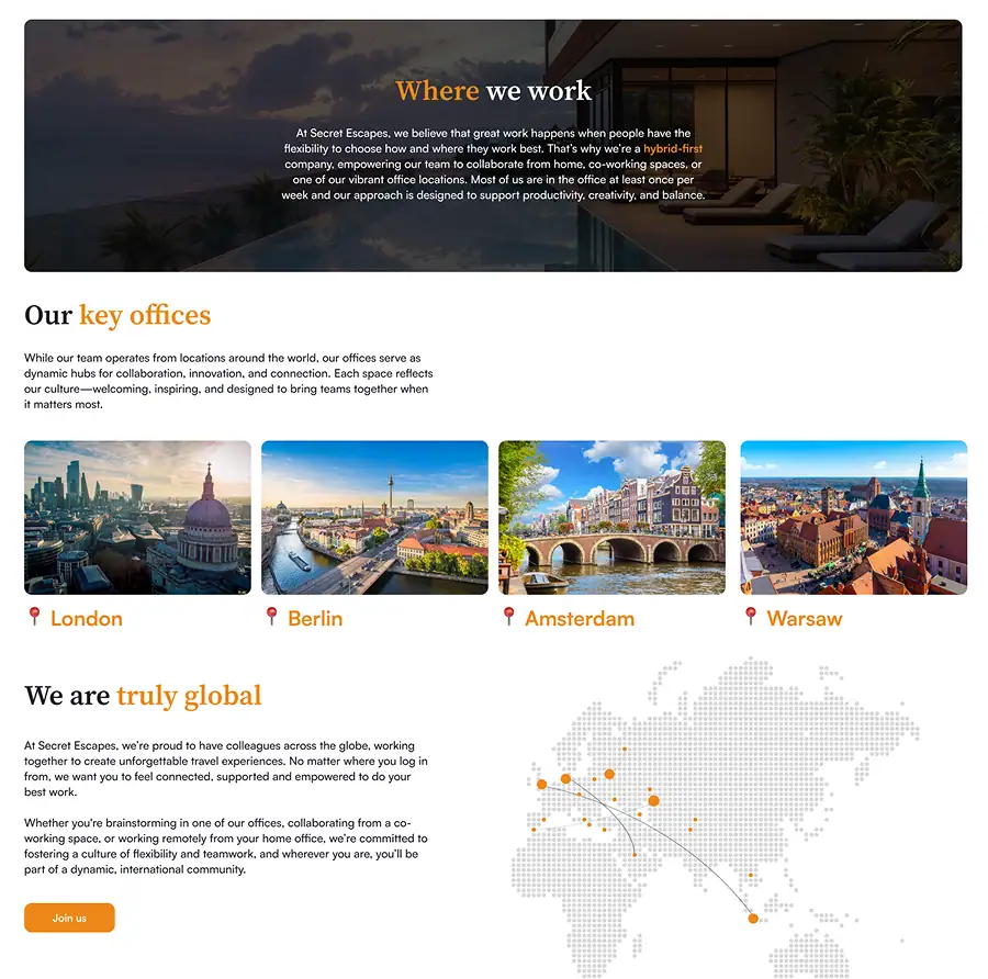Where we work page design showcasing global office locations with destination imagery