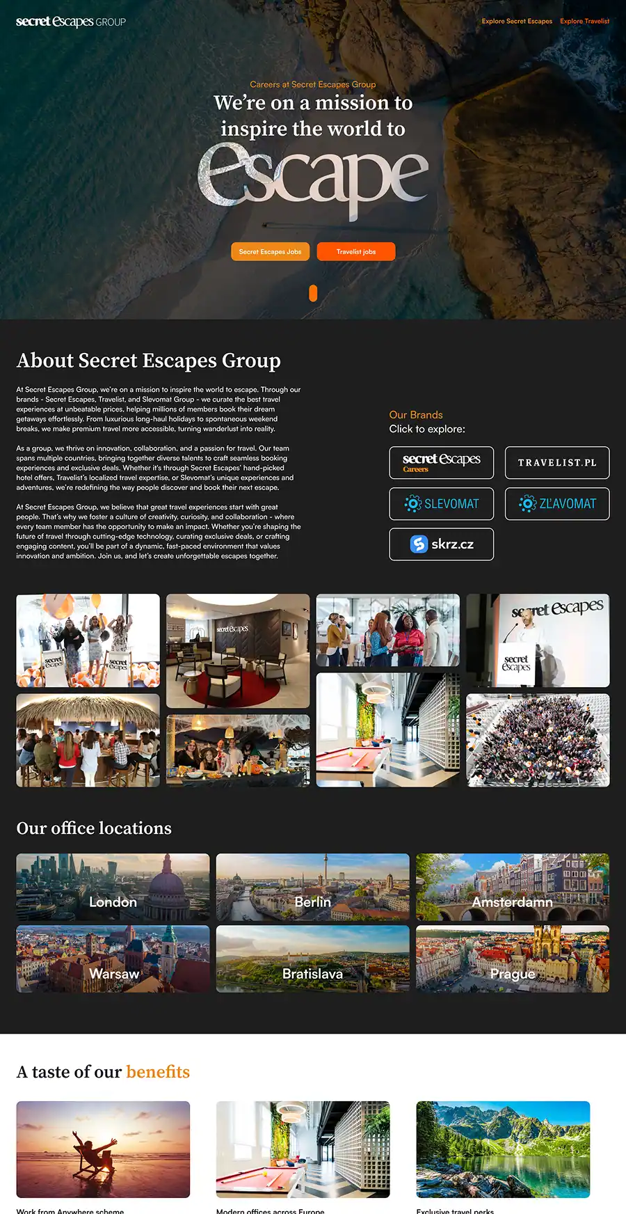 About Secret Escapes Group careers page with live job listing cards