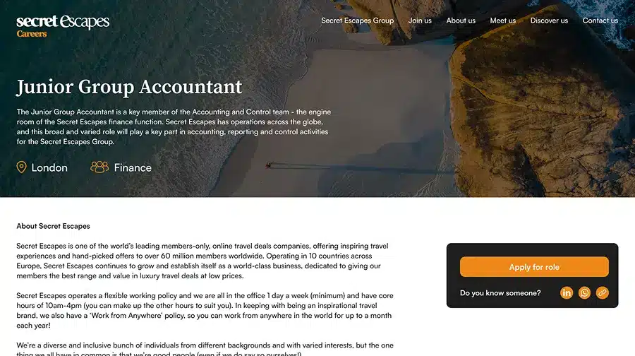 Accountant job description page design in black and white with orange call to action